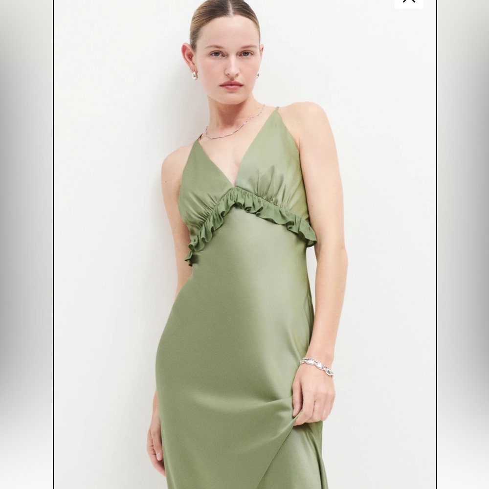 REFORMATION Green Satin Maxi Dress